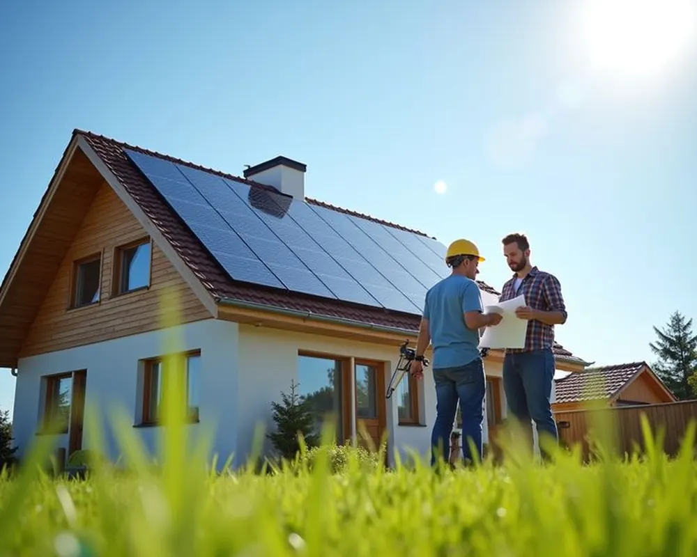 Técnico solar revisando el plano del sistema con el dueño de la casa
