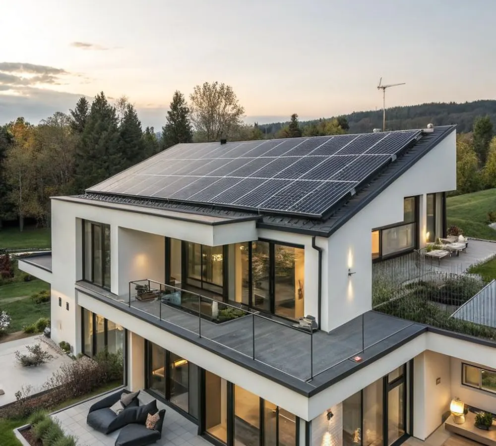 Casa moderna con paneles solares en el techo