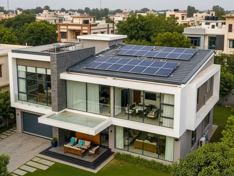Casa moderna, proyecto residencial con paneles solares